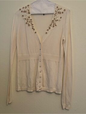 Kristin Davis Embellished Sweater Women’s S Cream Lightweight V-Neck